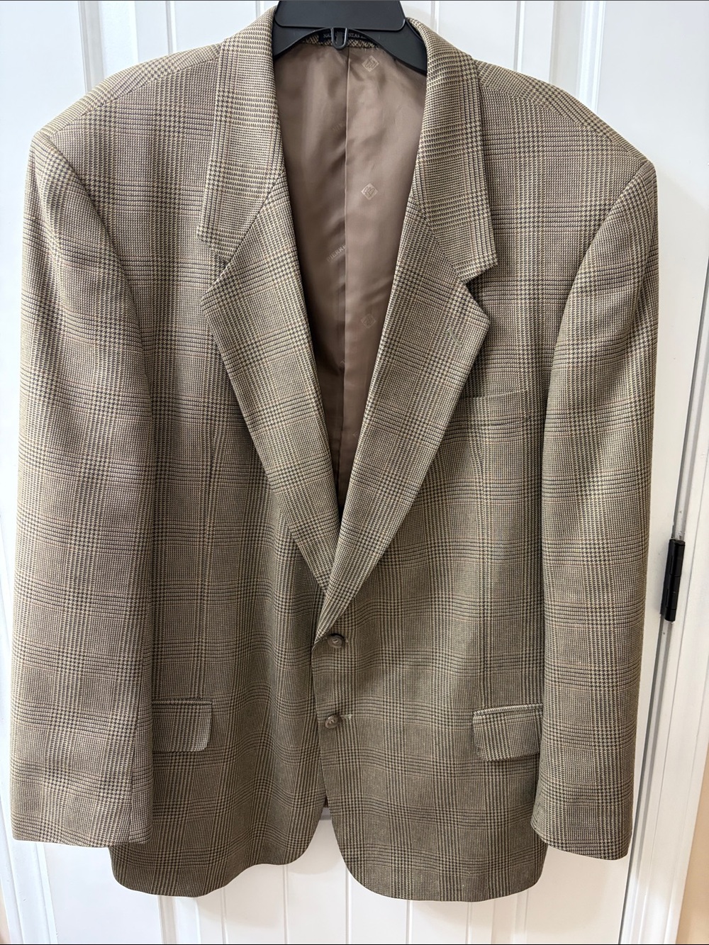 Pierre Balmain Blazer - 48R Silk Wool Glen Check Gold Tan Sport Coat